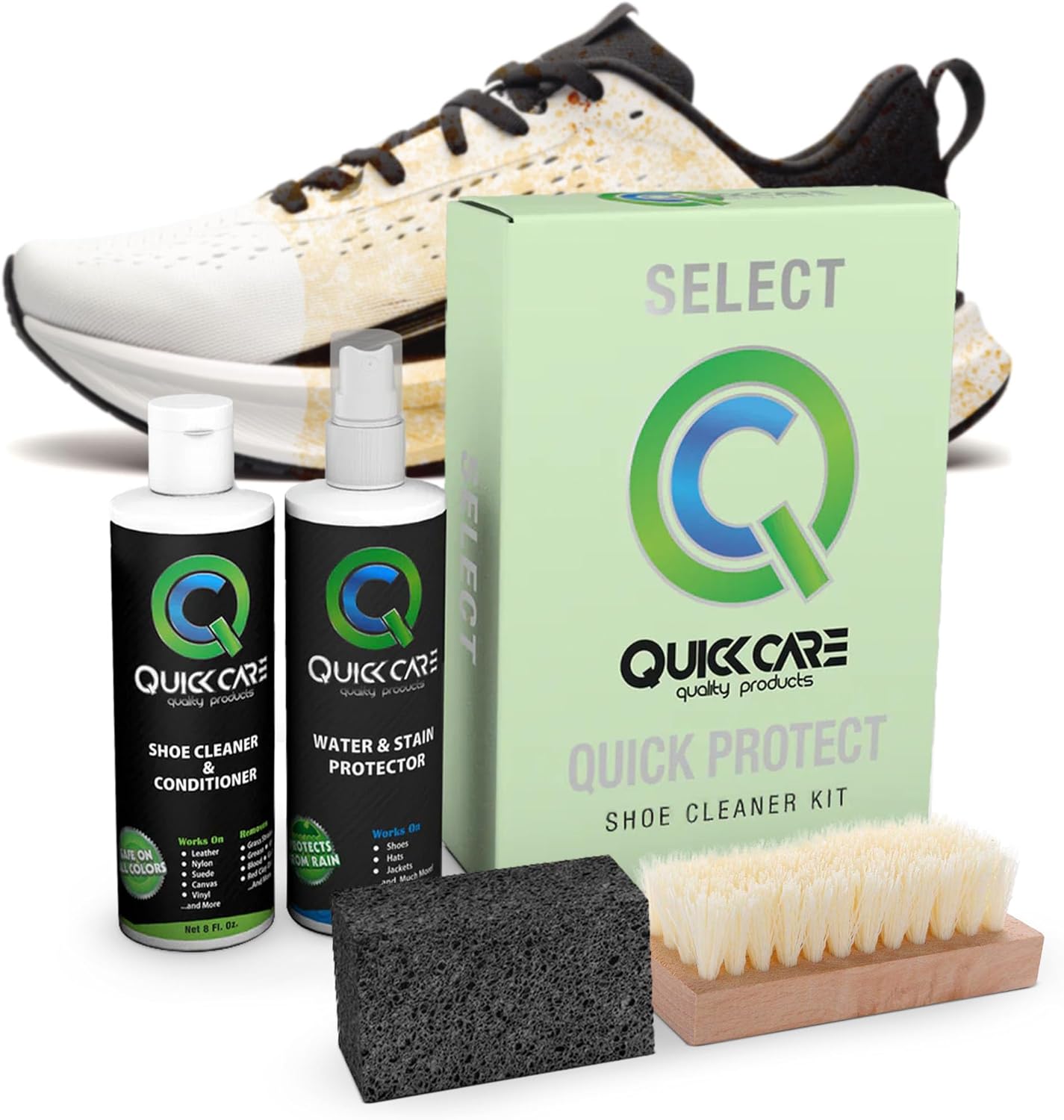 QuickCare Shoe Cleaning Kit, All-in-One Cleaning Shoes for Sneakers, 8 oz Water & Stain Protector for Shoes, Hats & Jackets, 8 oz Shoe Cleaner & Conditioner for Lasting Care, Includes Brush & Sponge