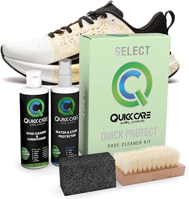 QuickCare Shoe Cleaning Kit, All-in-One Cleaning Shoes for Sneakers, 8 oz Water & Stain Protector for Shoes, Hats & Jackets, 8 oz Shoe Cleaner & Conditioner for Lasting Care, Includes Brush & Sponge