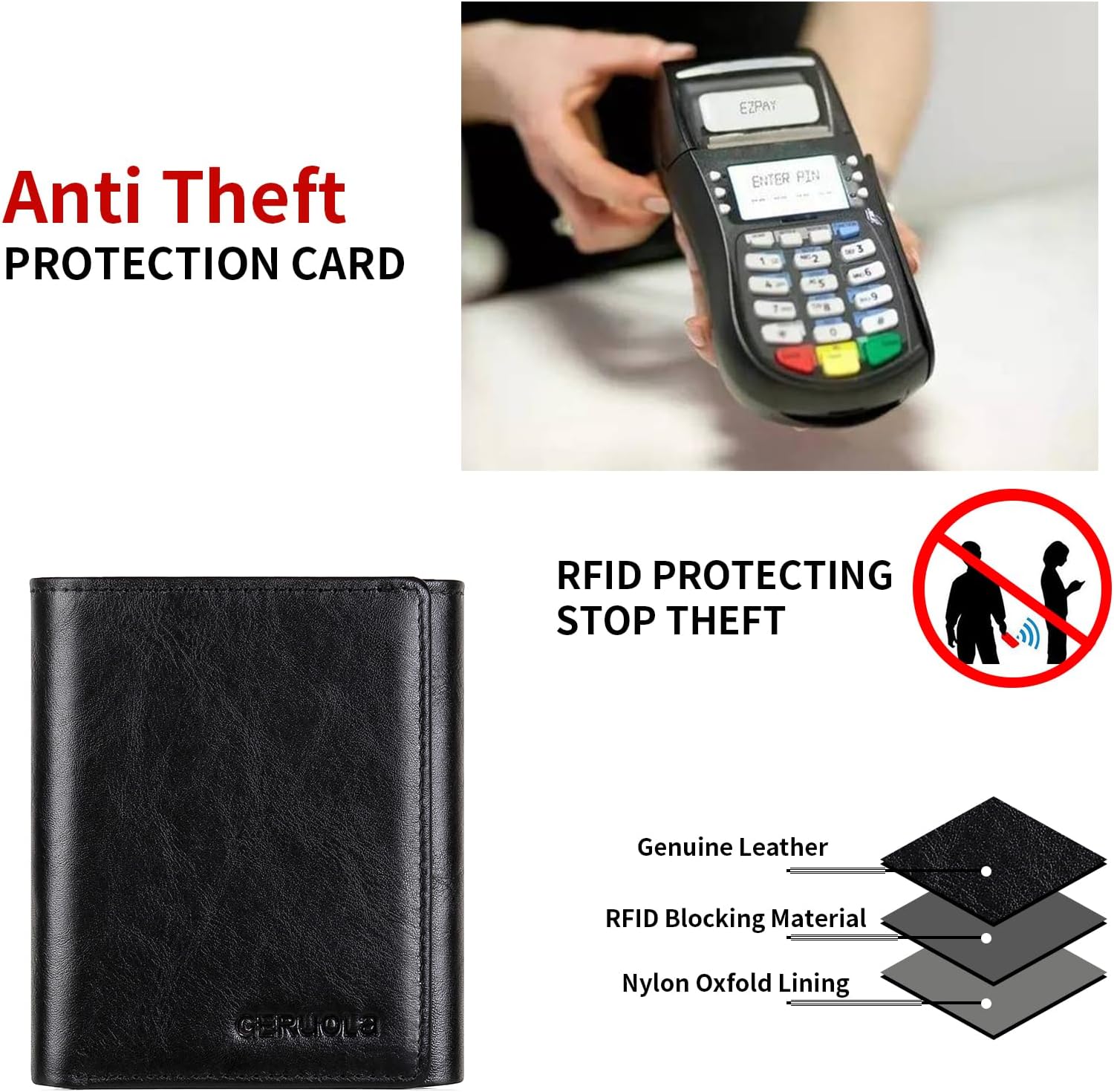 Trifold Wallets for Men Genuine Leather Large Capacity RFID Blocking, Includes Id Window and Credit Card Holder,Mens Wallets Leather (Black) - Image 4