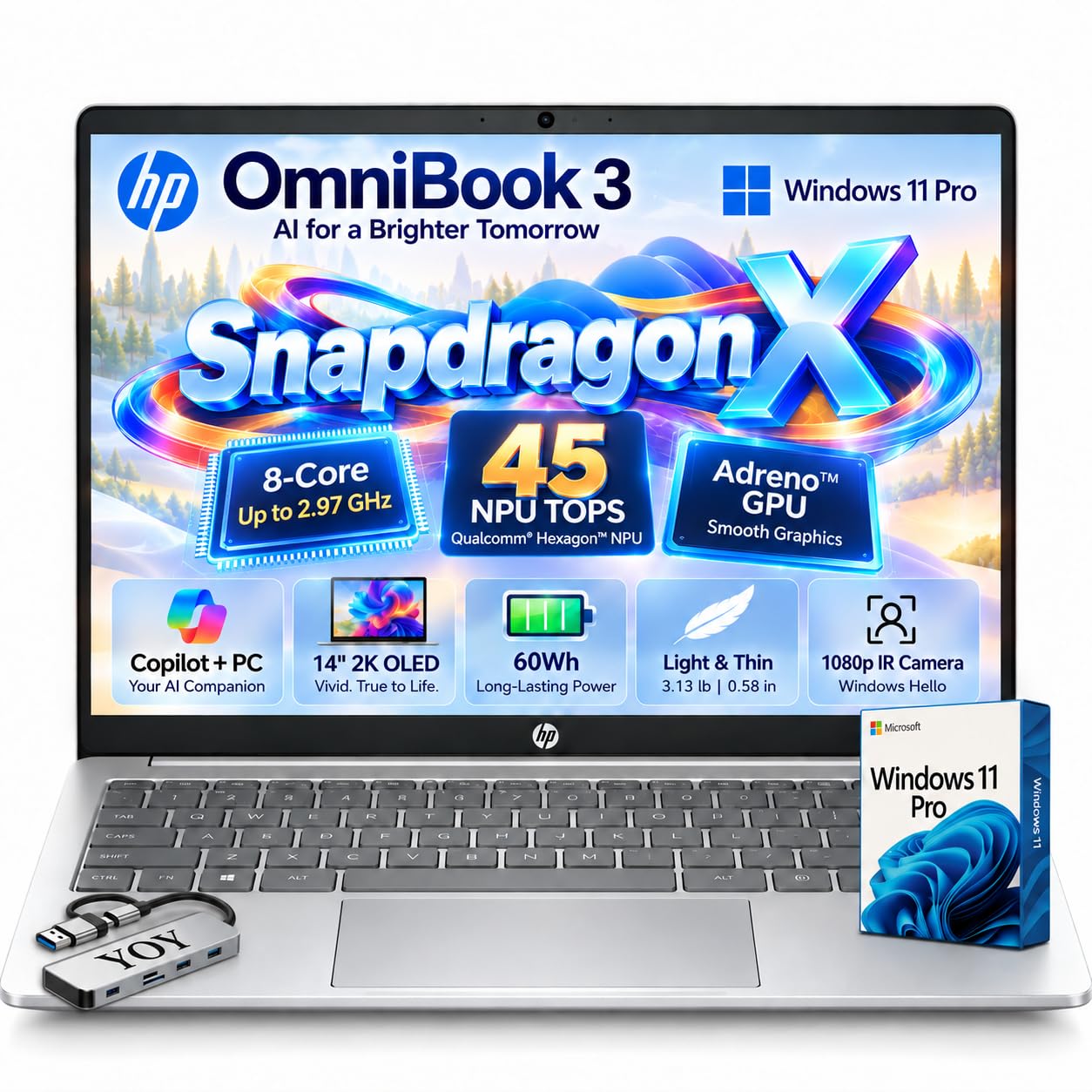 HP OmniBook 3 14-inch Laptop Copilot+ PC, 2K OLED, 16GB LPDDR5x, 1TB SSD