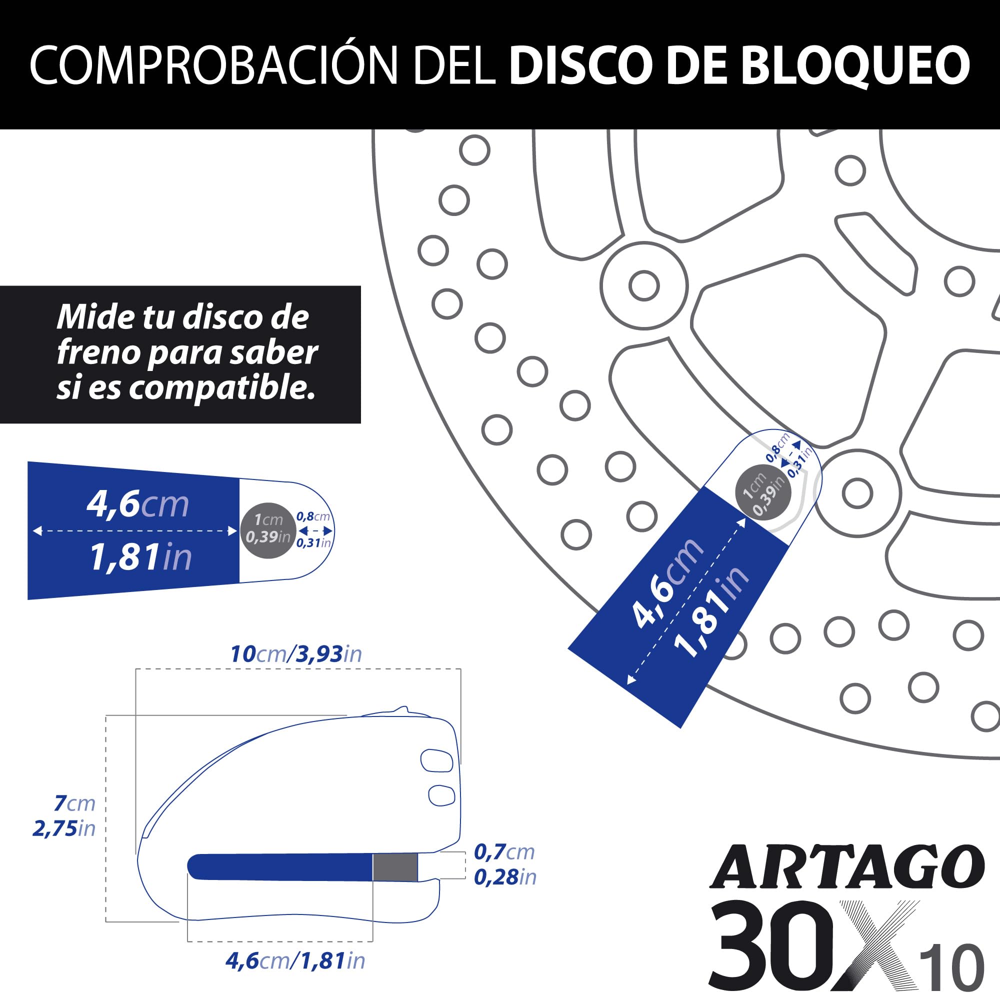 ARTAGO 30X10 Candado Moto Alta Gama, Antirrobo Disco 2en1 Sin/Con Alarma Don't Touch 120dB, Homologado SRA y Sold Secure, Anti-Taladro 5mm, Doble Cierre 10mm Acero Endurecido, Pinza Cepo Moto