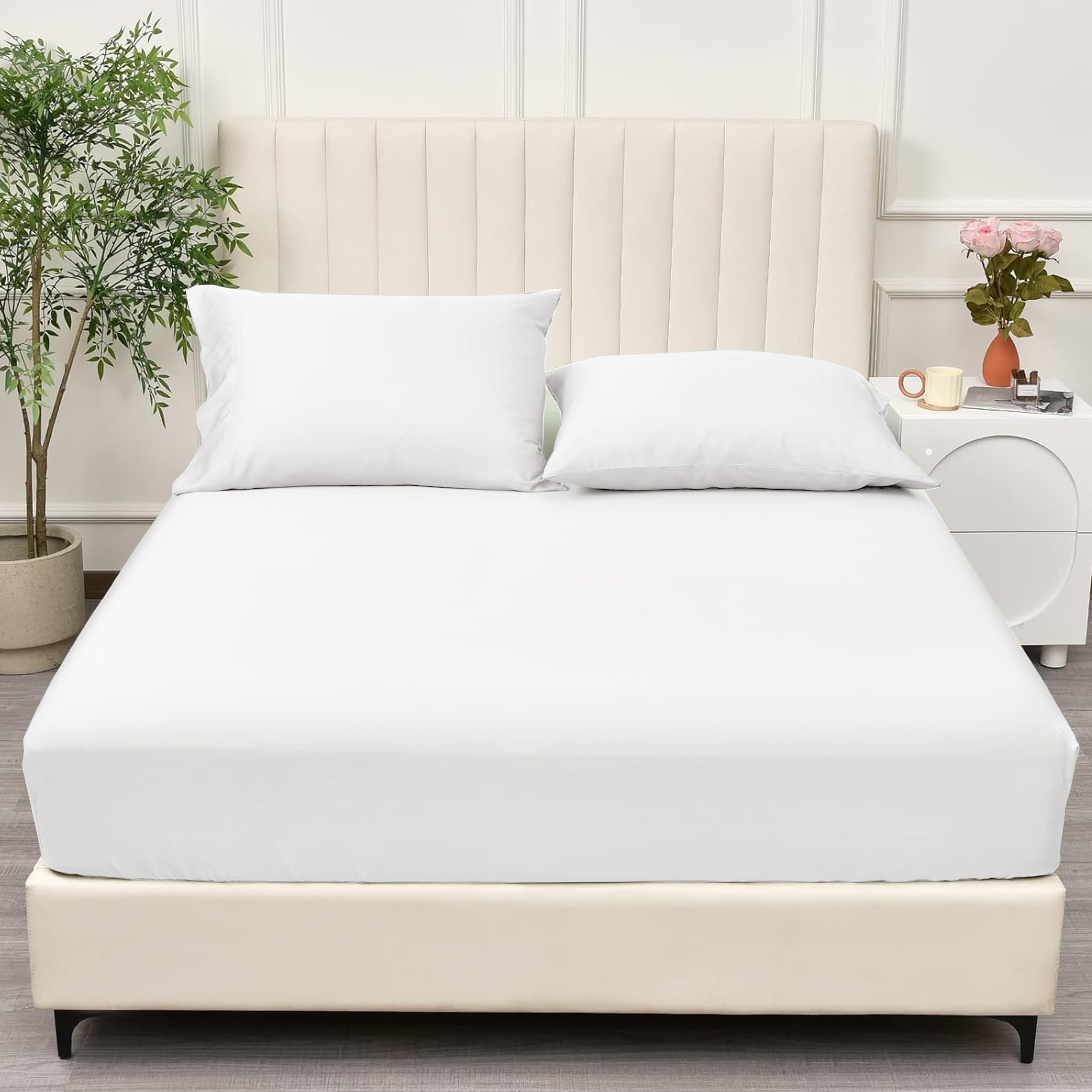 PRIME LINENS Brushed Microfiber Fitted Sheet 30 Cm Deep Pocket Easy Care Bed Sheet Ultra Soft Bottom Sheet Shrinkage & Fade Resistant (White, King) — image 1