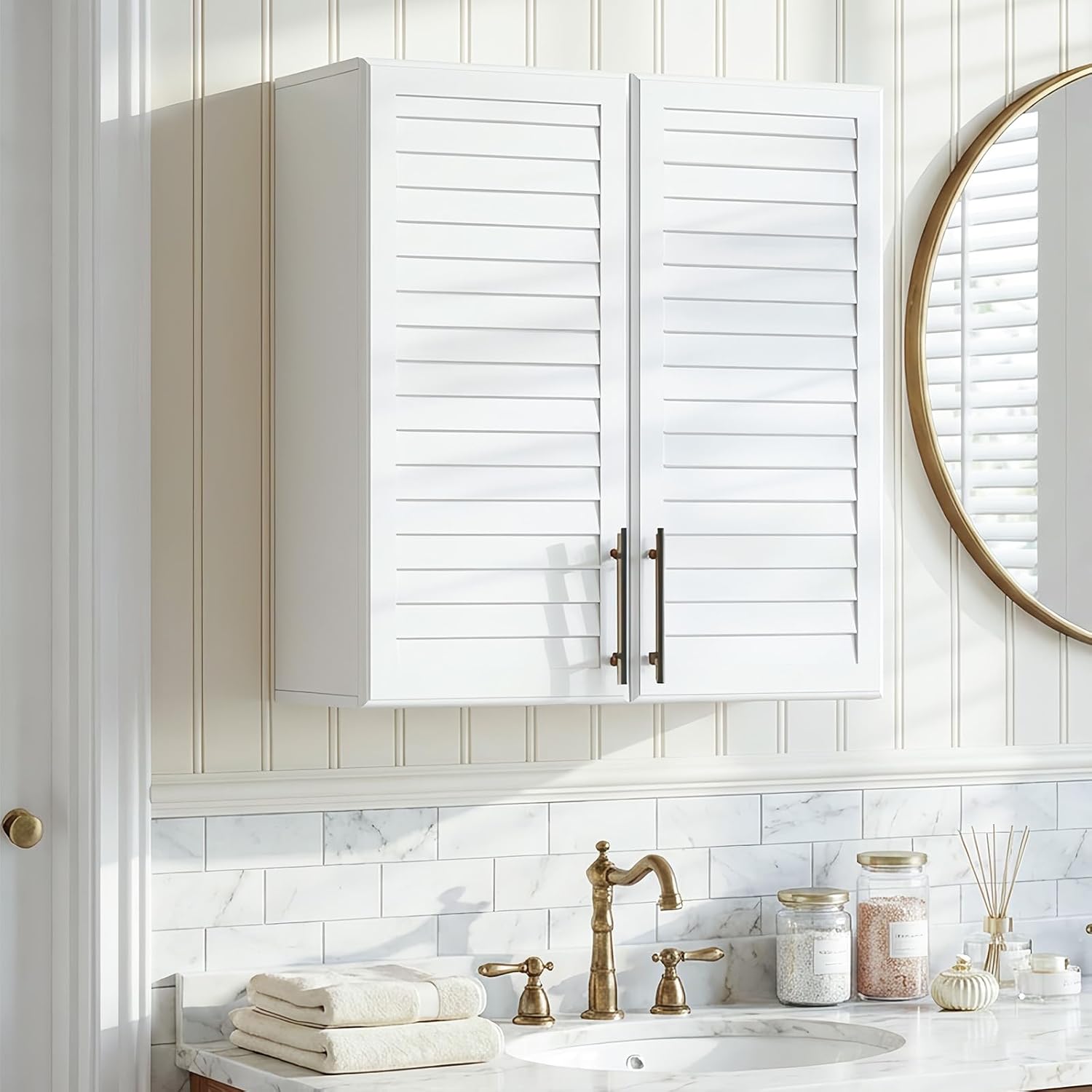 Furnaza Laundry Room Wall Cabinet with Shutter Style Doors, Wall Mounted Storage Cabinet with Adjustable Shelf, Upper Storage for Laundry Room, Bathroom, Kitchen,White,29.5" W x 11.8" D x 31.5" H