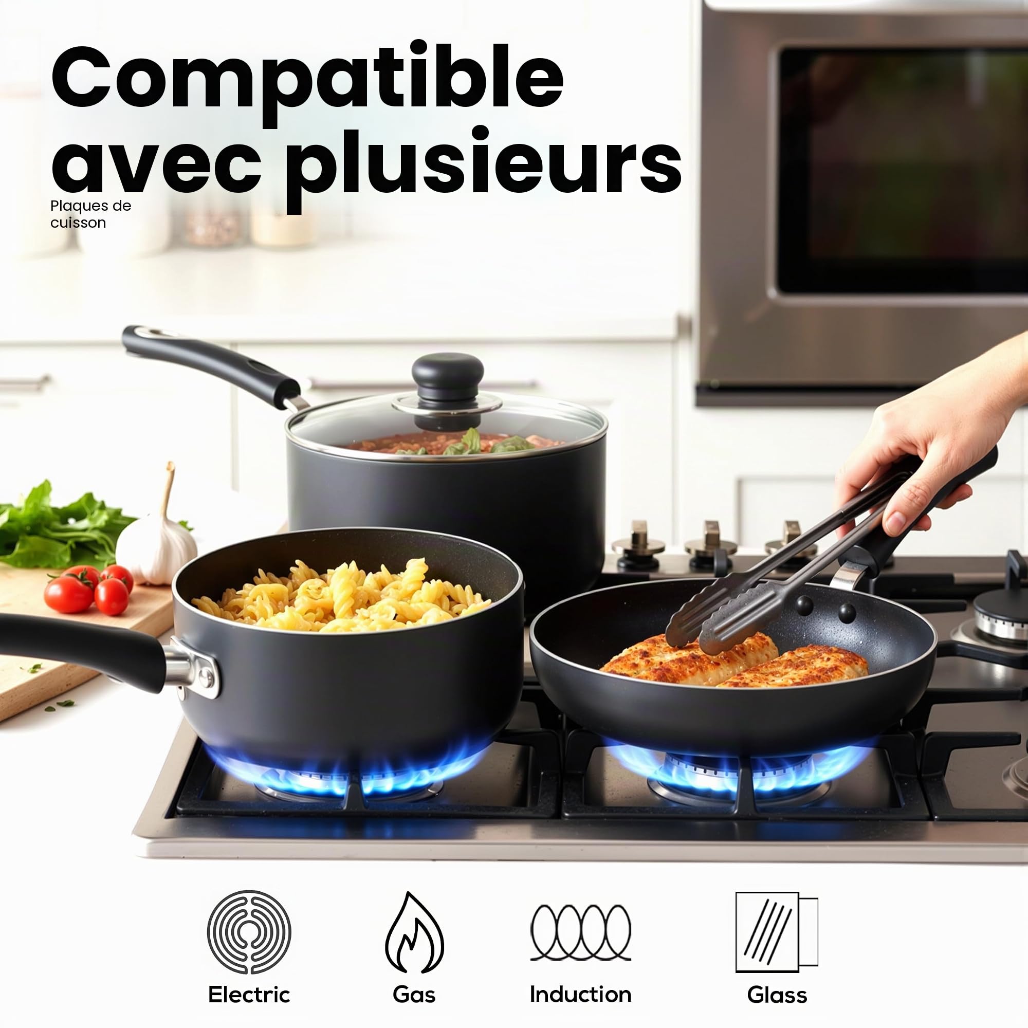 KICHLY Ensemble de casseroles et poêles antiadhésives 5 pièces, poêles à frire à induction 20 cm, 28 cm, casserole avec couvercles 20 cm, 18 cm, casserole non induction 16 cm, passe au lave-vaisselle