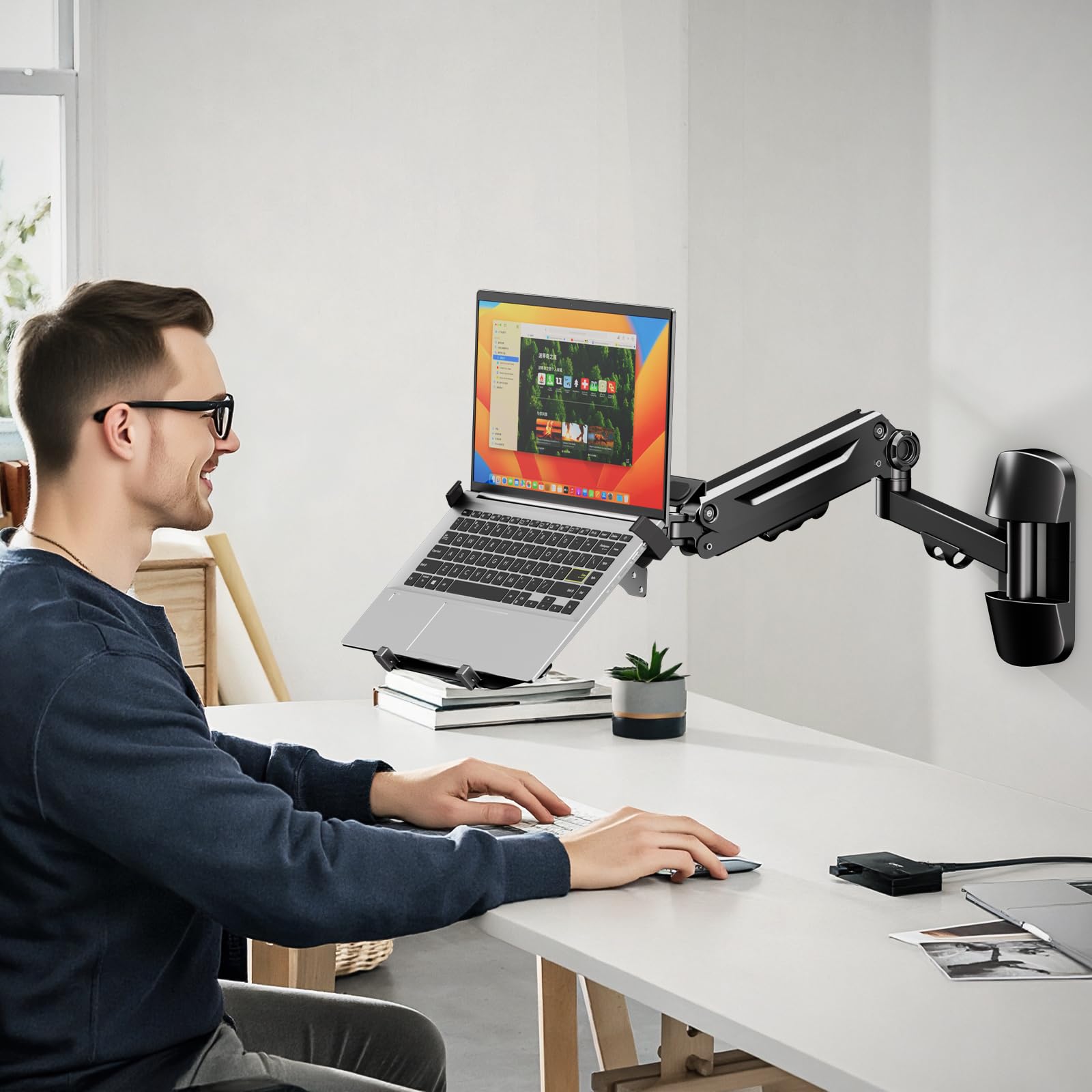 PUTORSEN Supporto da parete per computer portatile 2 in 1, braccio con molla a gas per notebook da 10-17 pollici e schermo da 17 a 40 pollici, movimento completo, supporta 1-12 kg (nero)