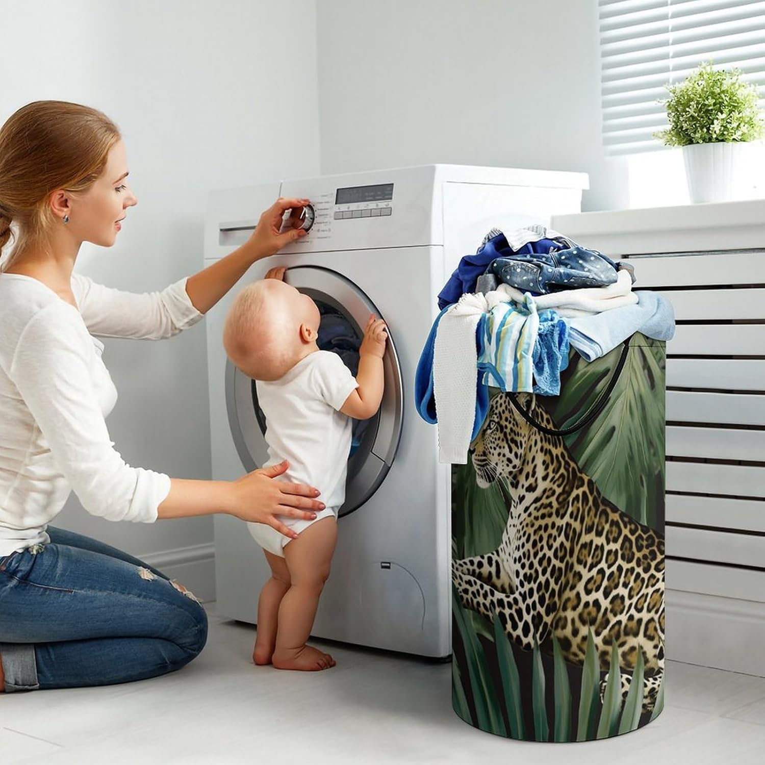 Leopard Palm Leaf Laundry Hamper Freestanding Waterproof Clothes Hamper with Easy Carry Handles Large Collapsible Laundry Baskets Portable Dirty Clothes Basket