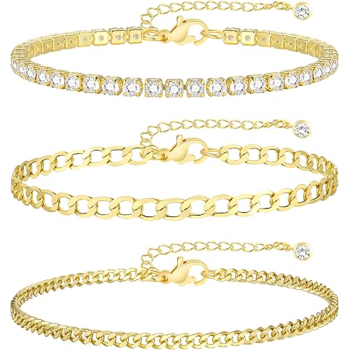 Gold Bracelets for Women, 14k Gold Plated Hand Chain Bracelet, 2 Pcs Ring Bracelets for Women Trendy Dainty Cubic Zirconia Bracelet Ring Bracelet Hand Jewelry Adjustable 6.3'+2'