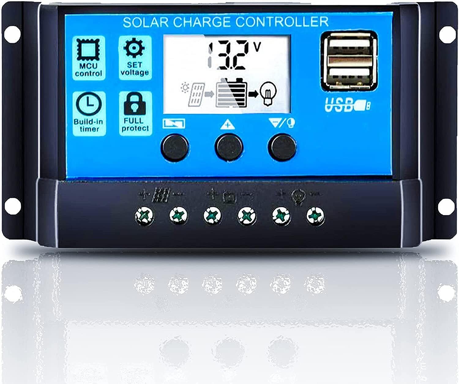 XForce Plaza Solar Charge Controller 10A 12V/24V Solar Panel Charge Controller with USB Port LCD Display, Compatible with Sealed, Gel, and Flooded Batteries