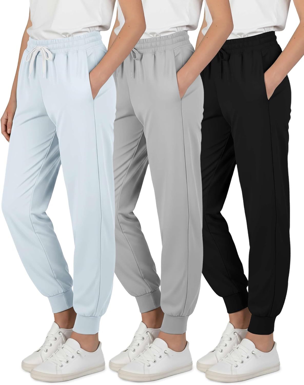 Real Essentials 3 Pack: Girls' Dry-Fit Jogger Sweatpants - Kids Teens Running Athletic Pants with Pockets (Sizes: 4-16)