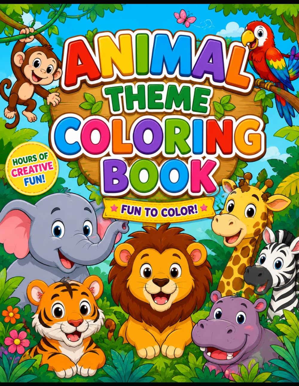 Cute Animal Coloring Book for Kids Ages 3–6: Fun & Easy Bold Outline Coloring Pages with Farm, Jungle & Wild Animals