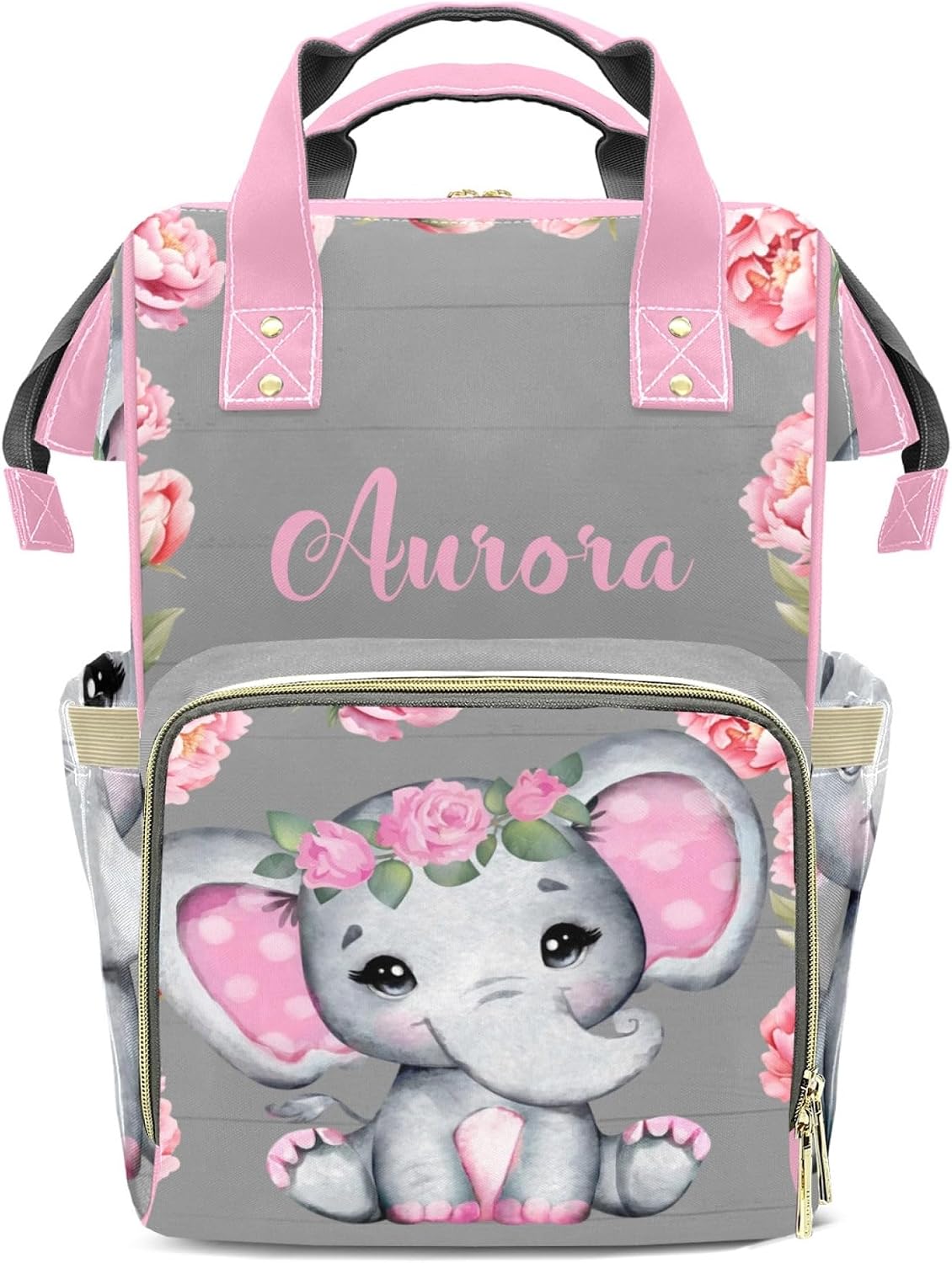 Personalized Diaper Bag Backpack for Baby Girls with Name, Pink Floral Elephant Custom Nappy Nursing Bag for Moms Dads, Nylon, Customized Gift, Large Capacity, Waterproof, Multifunctional