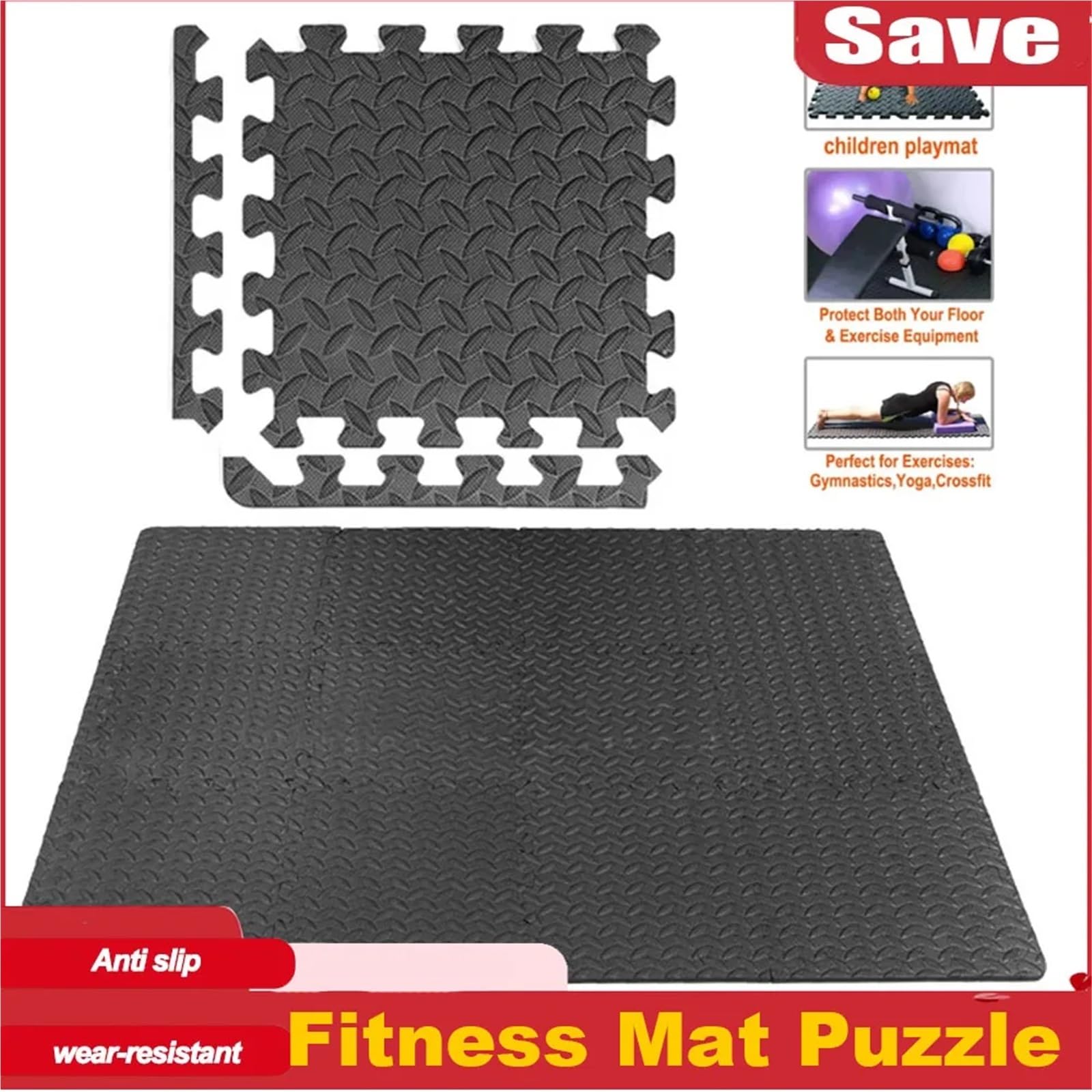 Esterilla Fitness Puzzle Eva Foam Mat Home Gym Puzzle Exercise Yoga Mats Play Interlocking Gym Floor Mat for Home Workout(Black)