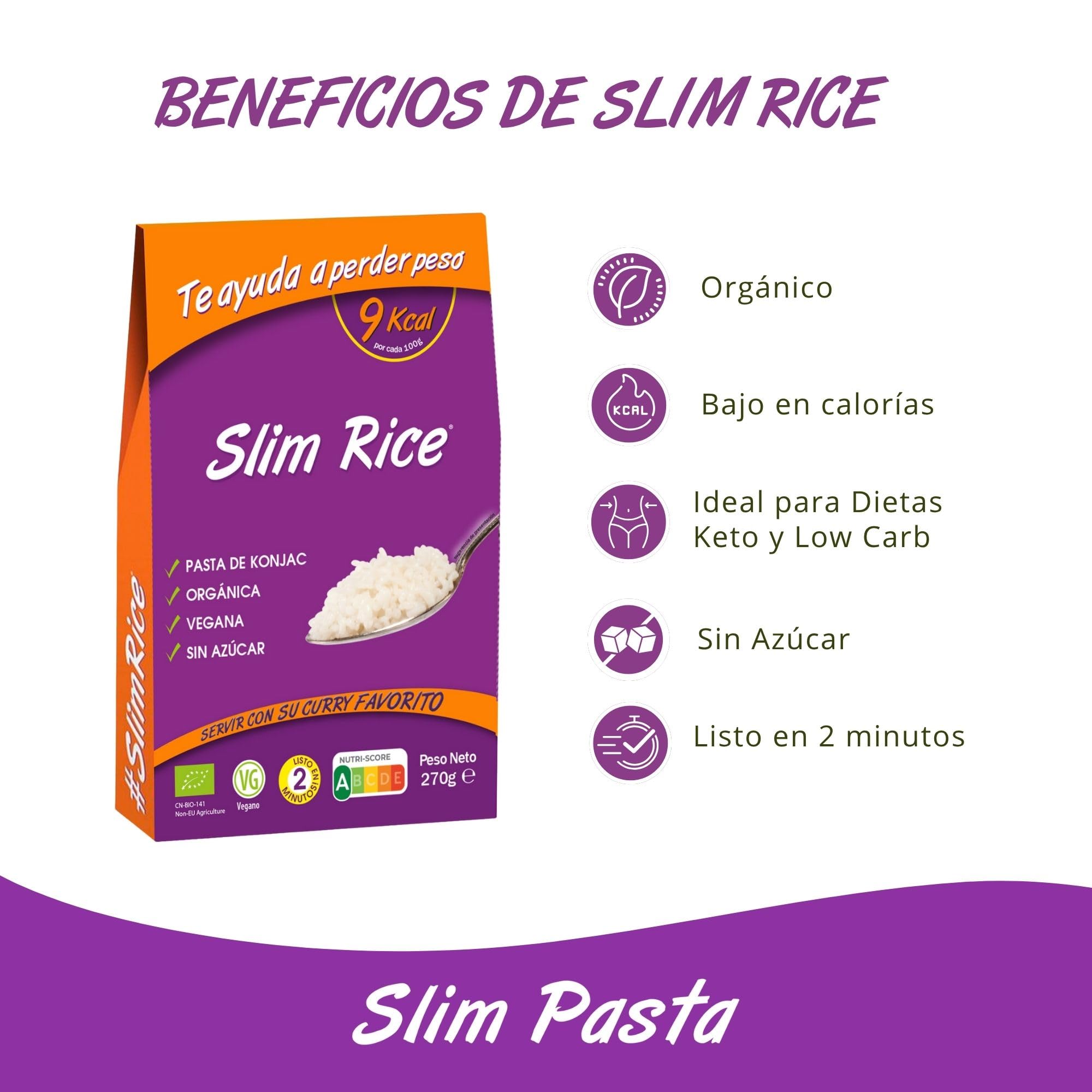 Slim Pasta - Arroz de Konjac - 270 g - Sin Calorías ni Carbohidratos - Ideal para Dietas Keto y Low Carb - Apto para Veganos - Elaborado con Agua Purificada, Fibra de Avena y Harina de Konjac — view 5
