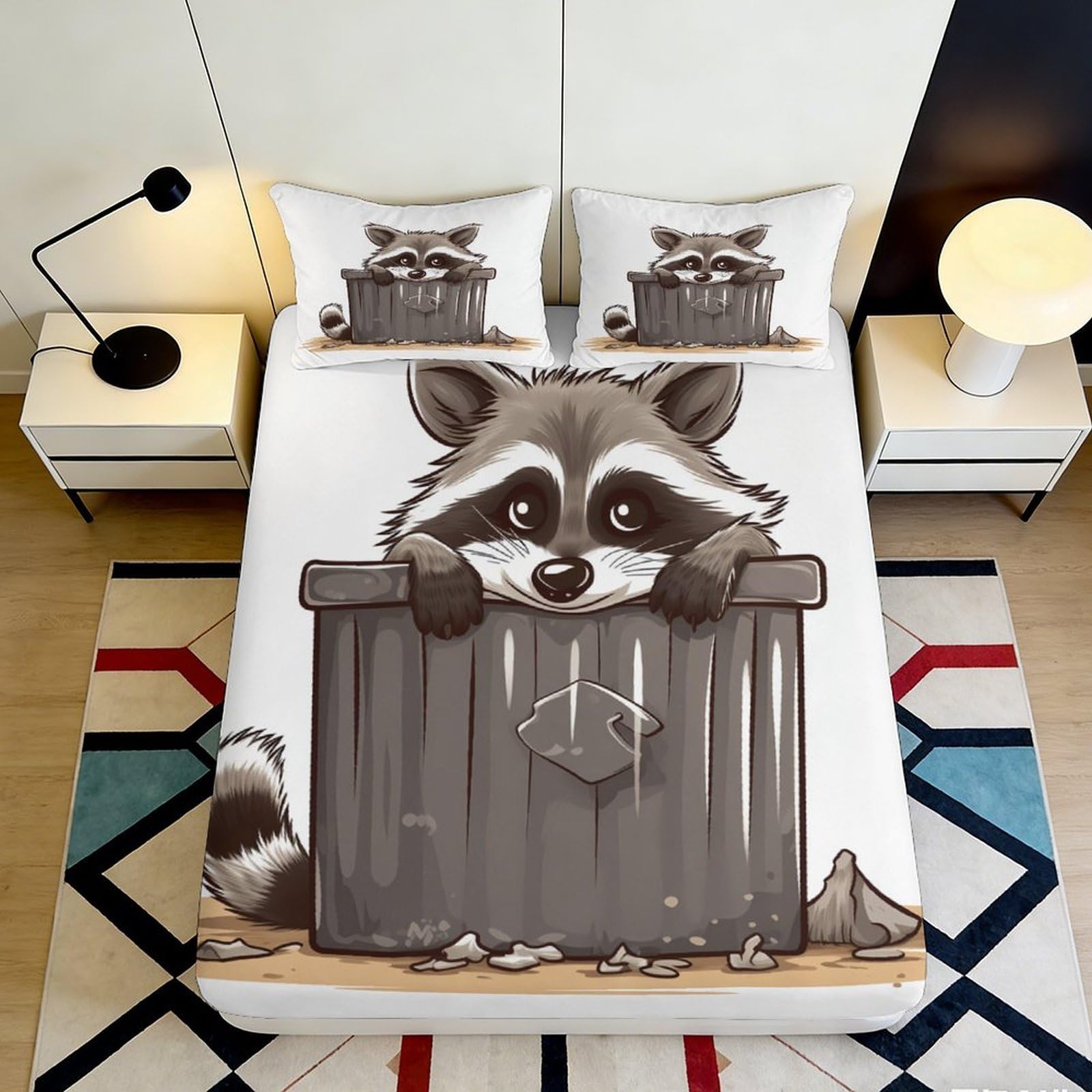 Jqzkxnhpbr Style-9 3D Printed Cartoon Raccoon Fitted Sheet Microfiber Soft Breathable Trash Bin Bed Cover For Bedroom Dorm Decor 90X200x25cm