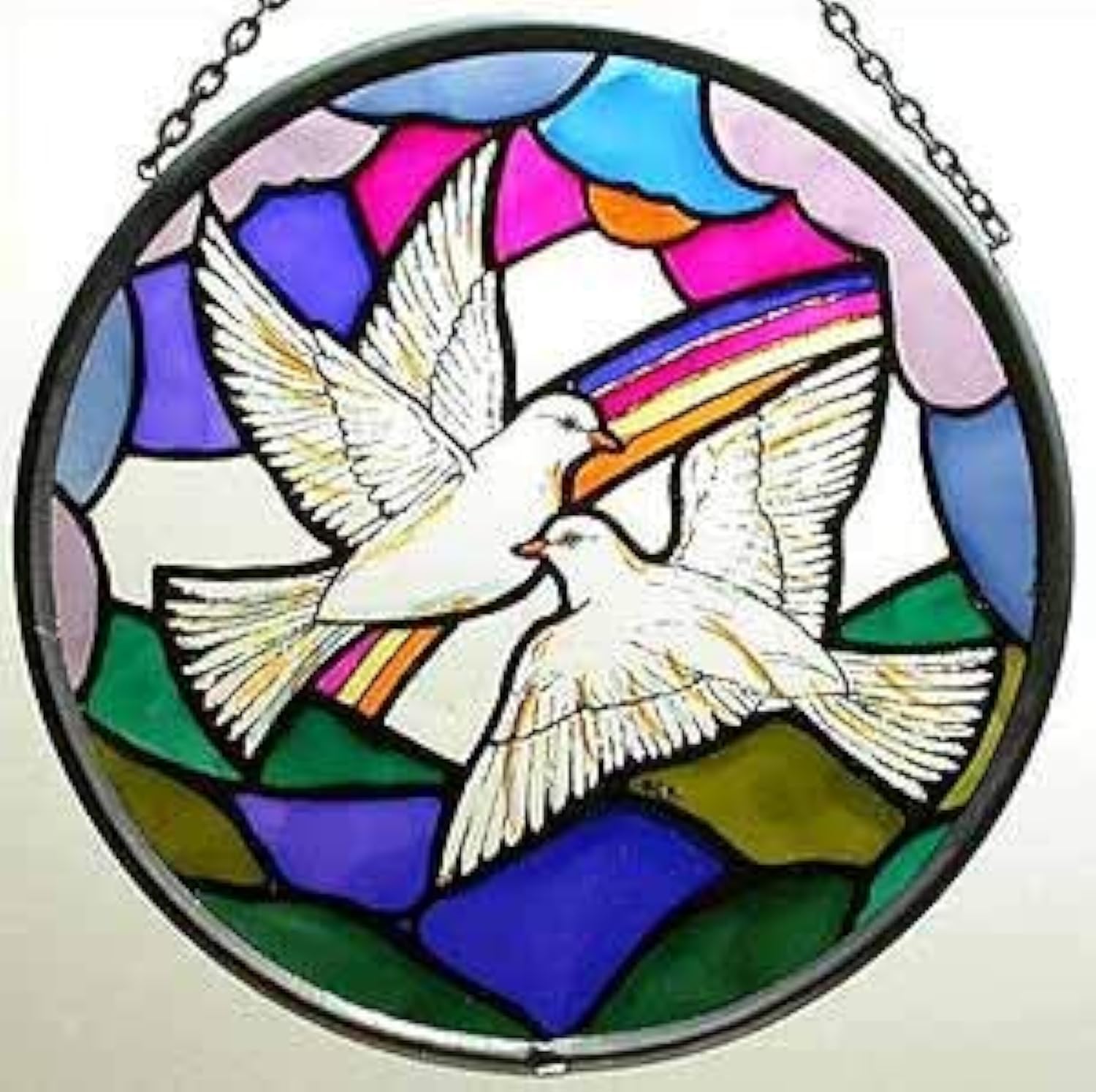 Decorative Hand Painted Stained Glass Window Sun Catcher/Roundel in a Doves of Peace Design.