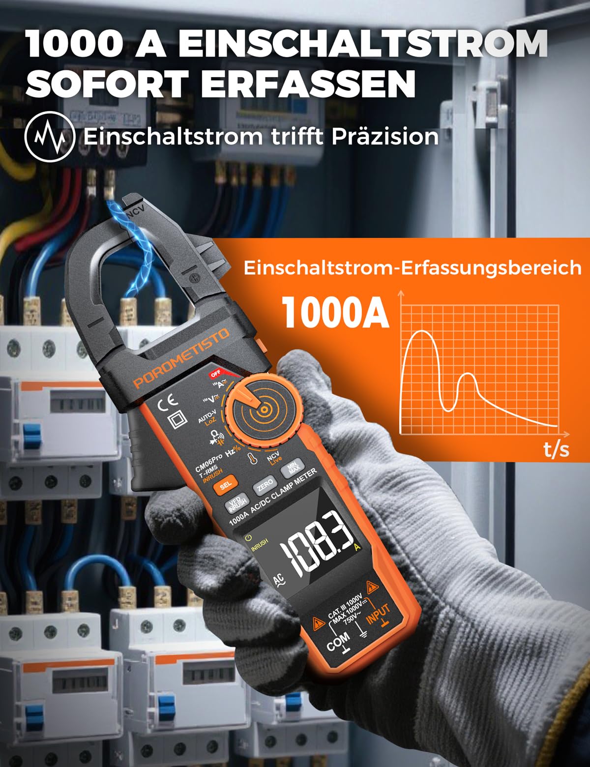 CM06PRO Digitales Strommesszange 6000 Counts True RMS, 1000A AC/DC – mit Einschaltstrommessung & NCV – Multimeter für Strom, Spannung, Widerstand, Kapazität, Temperatur, Leitungserkennung