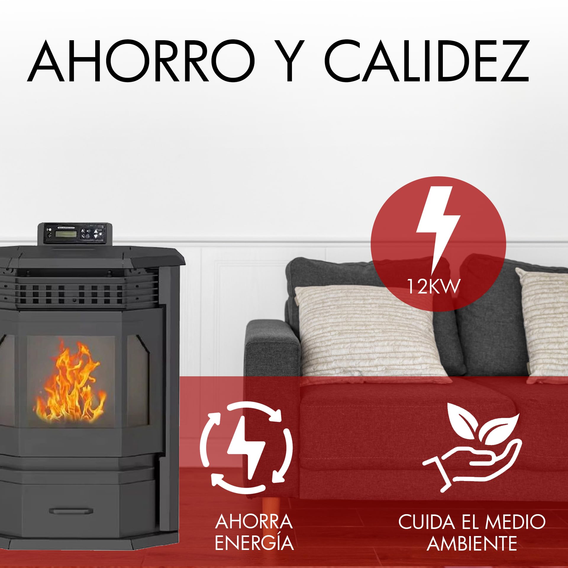 HOME&SOFAS Estufa de Pellet Modelo Rústica, 12 kW, Eficiencia >90%