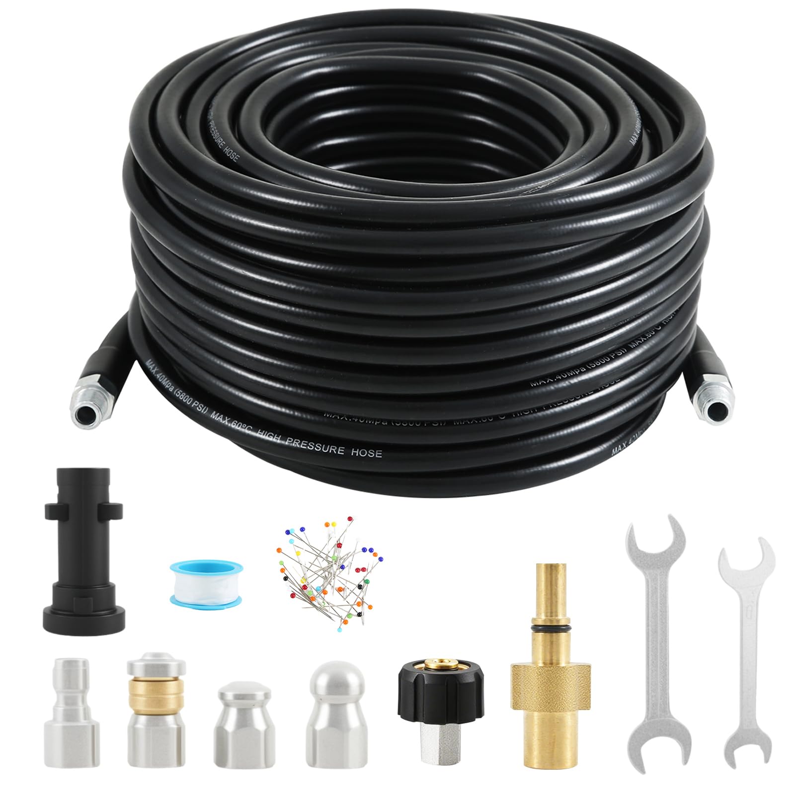 30M Pressure Washer Drain Pipe Hose Cleaning Kit with Jet Nozzle and Rotating Jet Nozzle for Karcher K2-K7 Series and Bosch Pressure Washer, 400 Bar/5800PSI, Suitable for Drain Blockage and Cleaning