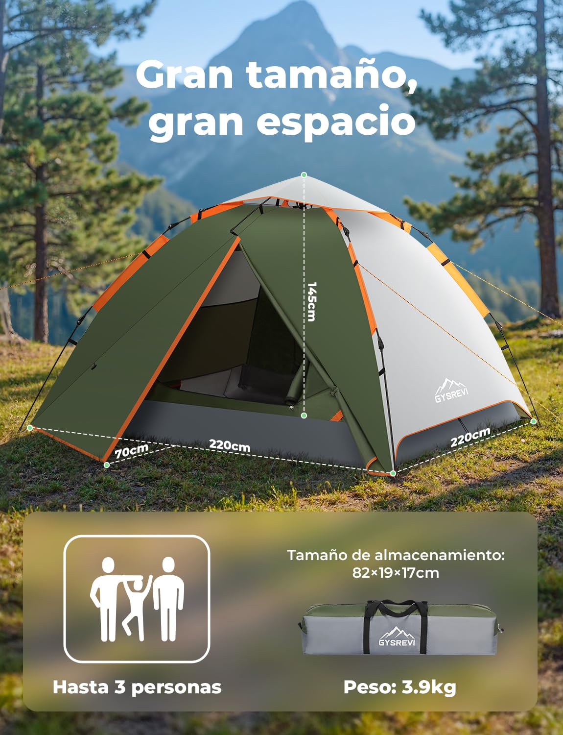 Tienda de Campaña 2-3 Personas Pop Up Instantánea 2 en 1 Doble Capa Anti Impermeable Viento