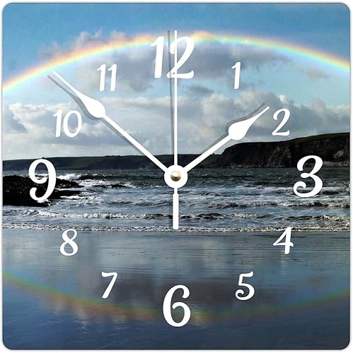 Higoss Reloj de pared de madera con diseño de arco iris silencioso sin tictac funciona con pilas 10 x 10 pulgadas para cocina sala de estar