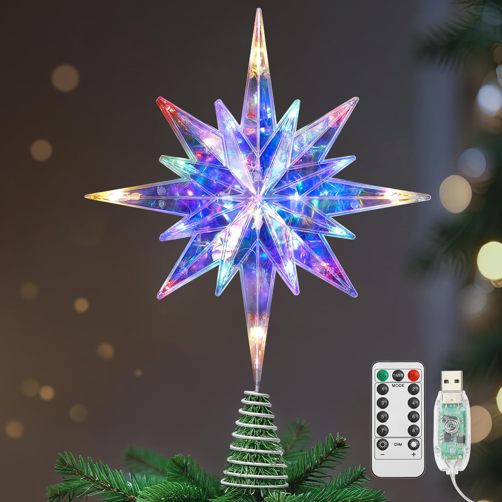 Lewondr Weihnachtsstern Baumspitze, 15,35" 20 LED Baumspitze, Fernbedienung Und USB-Betriebene Bethlehem Polaris Baumspitze Für Zuhause, 6-Stunden-Timer 8 Modi Weihnachtsdekoration, Farbiges Licht