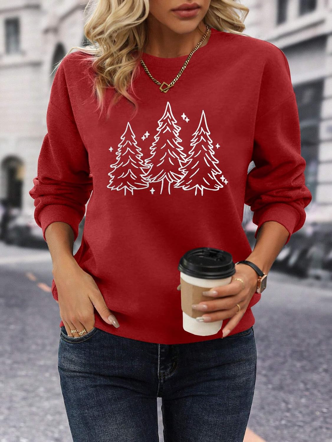 Christmas Sweatshirts for Women Embroidered Christmas Tree Shirt Xmas Tree Gift Casual Long Sleeve Pullover Tops - Image 2