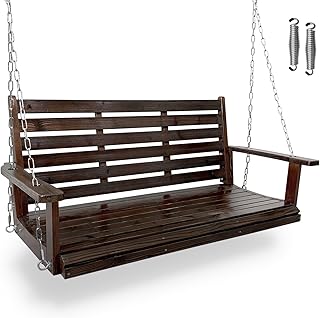 Wooden Porch Swing, Ergonomic Seat, Bench Swing with Hanging Chains and 7mm Springs, Heavy Duty 880 LBS, for Outdoor Patio Garden Yard (Dark Brown, 2-Seater Extra Large)