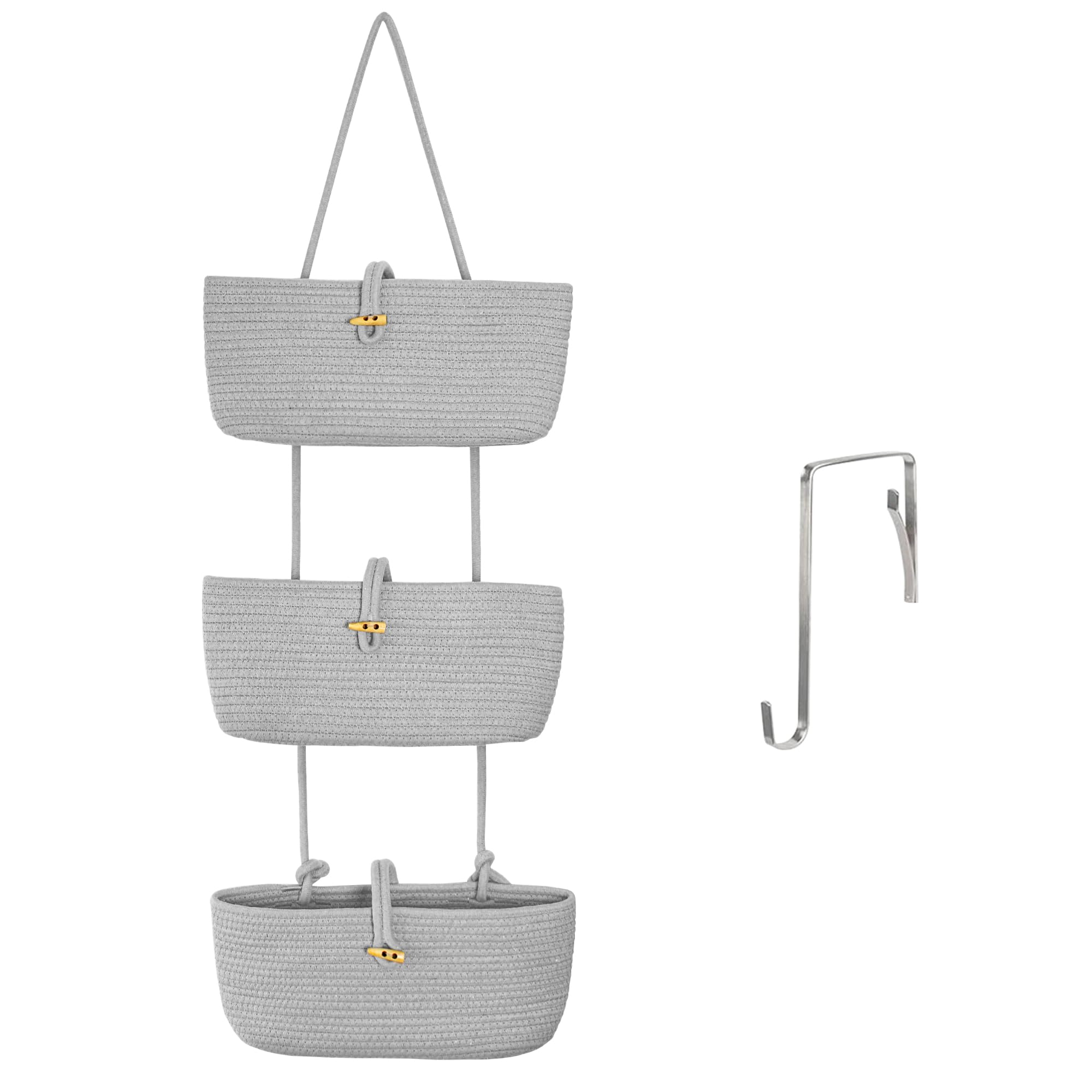 MEGASKET Hanging Baskets for Organizing - 3 Tier Woven Nursery Decor and Storage, Decorative Over Door and Wall Basket Storage, Wicker Behind Door Closet Organizer, Cotton Rope Room Decor, Gray