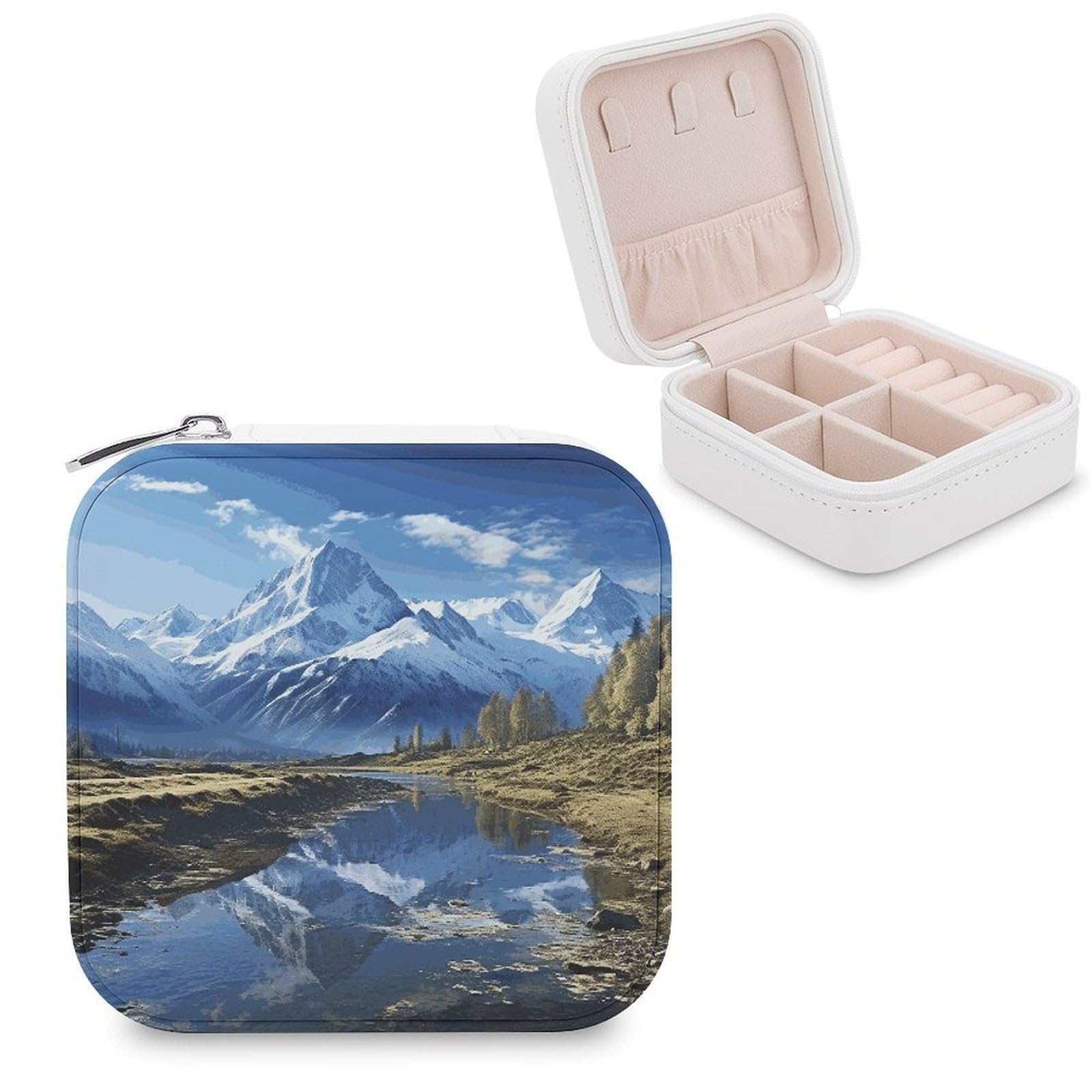 MUSM Snowy Mountains Travel Jewelry Case Personalized PU Leather Jewelry Boxes for Women Small Portable Jewelry Organizer Box Cute Trinket Box for Necklaces Rings Earrings & Gifts