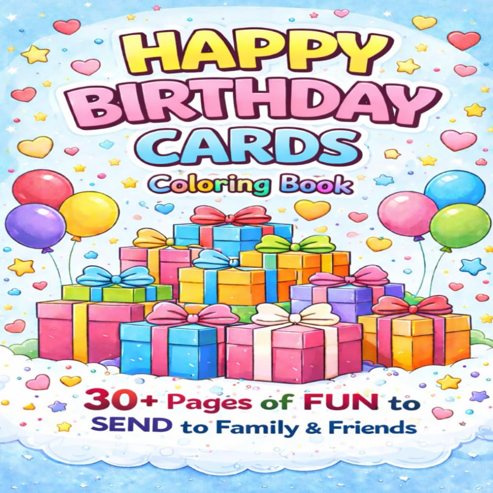 Happy Birthday Cards Coloring Book: 30+ Fun Color-In Birthday Cards to Color, Cut, and Send to Family & Friends. Best for kids and families. Great gift for vacations, holidays, and free time.