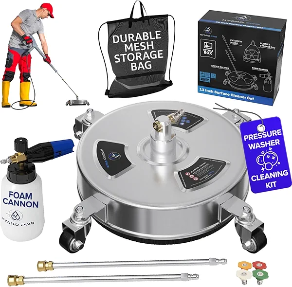 HYDRO PWR 13" Pressure Washer Surface Cleaner Set for Driveways & Patios – Stainless Steel Surface Cleaner Attachment, Foam Cannon, Storage Bag, Power Washer Accessories, 4000 PSI Max