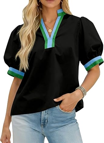 Huaqiao Womens Color Block Puff Short Sleeve Tee Shirt V Neck Cotton Tops Loose Fit Summer Blouses
