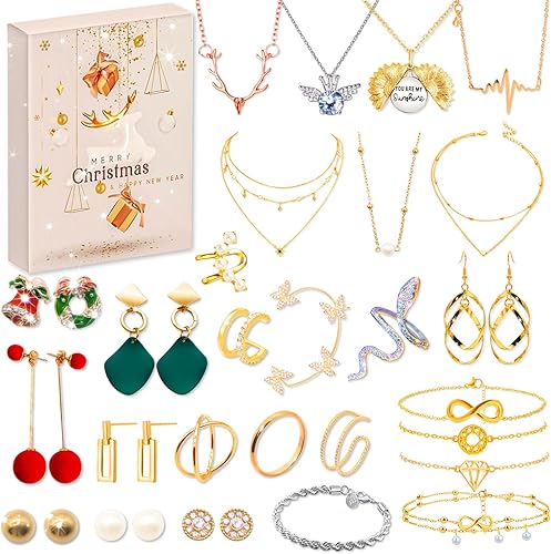 Calendario de Adviento de joyas 2023 para niñas adolescentes, calendario de cuenta regresiva de Navidad de 24 días con aretes, collares, pulseras y