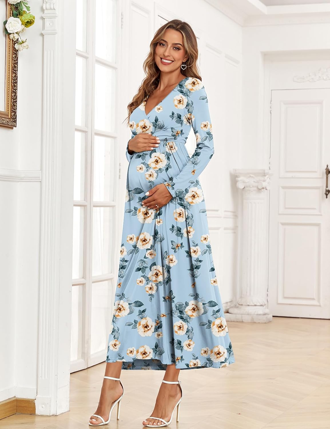 AISWI 2025 Women's Maternity Maxi Dress Long Sleeve Wrap V Neck Pregnancy Dresses with Pockets Baby Shower Photoshoot Formal