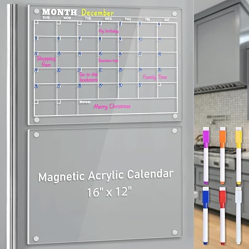 Miniatura 8 de Calendario magnético de borrado en seco, calendario acrílico, pizarra blanca transparente de 16 x 12 pulgadas para refrigerador con 6 marcadores