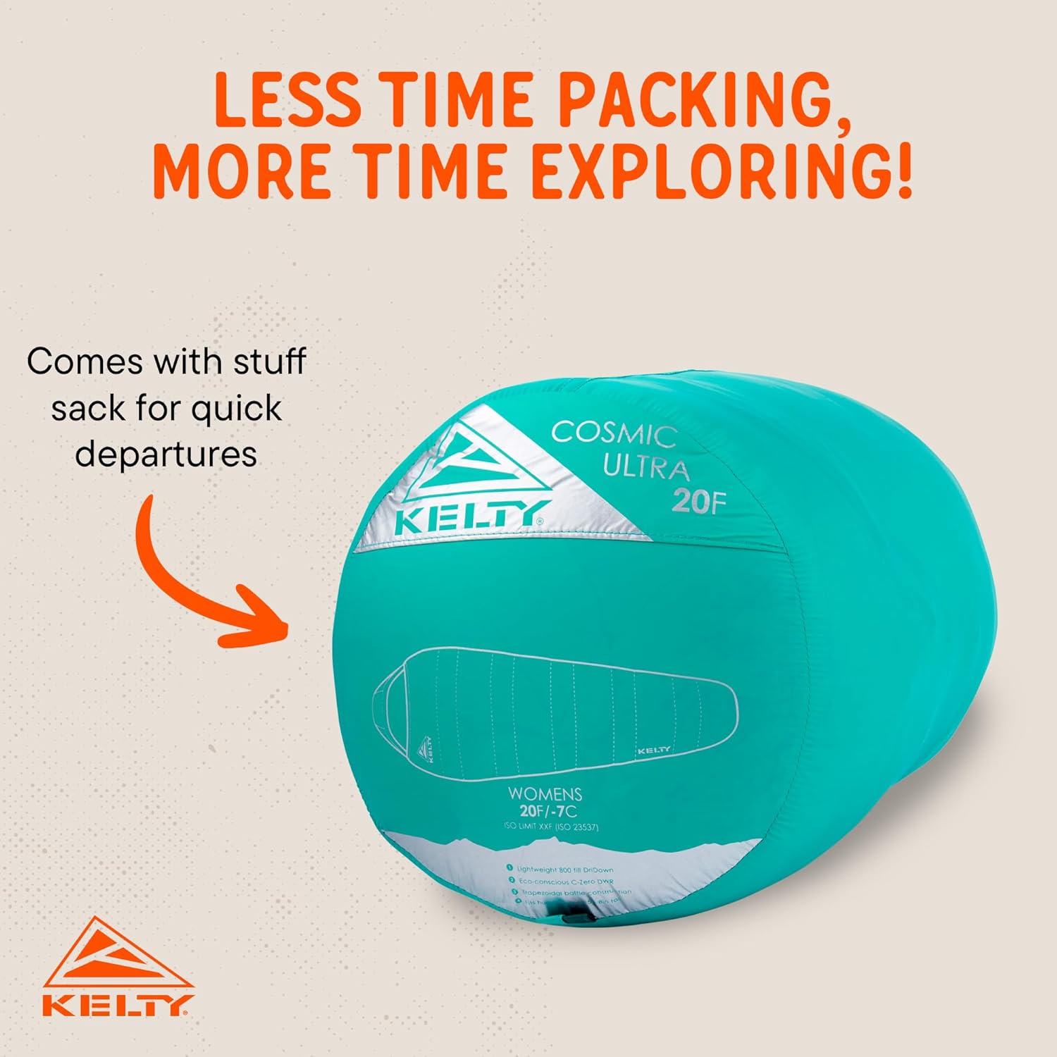 Kelty Cosmic Ultra 20 Degree Sleeping Bag, 800 Dridown, Premium Thermal Efficiency, Soft to Touch, Large Footbox, Environmental and Health Friendly C0 and PFC-Free DWR, Compression Stuff Sack, & More
