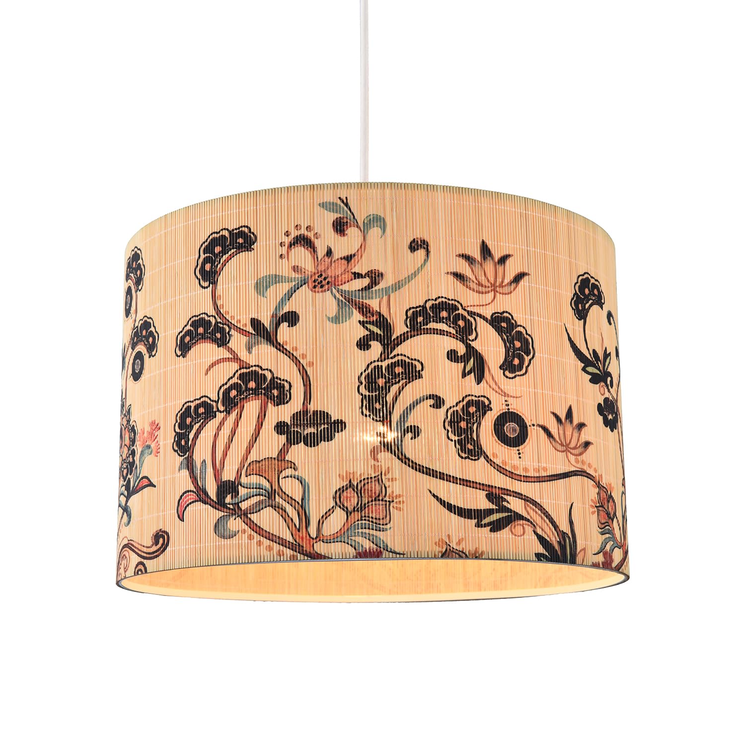 Contemporary Multi Coloured Floral Light Brown Bamboo Round Pendant Lamp Shade | 30cm x 20cm | Clear PVC Inner Lining by Happy Homewares