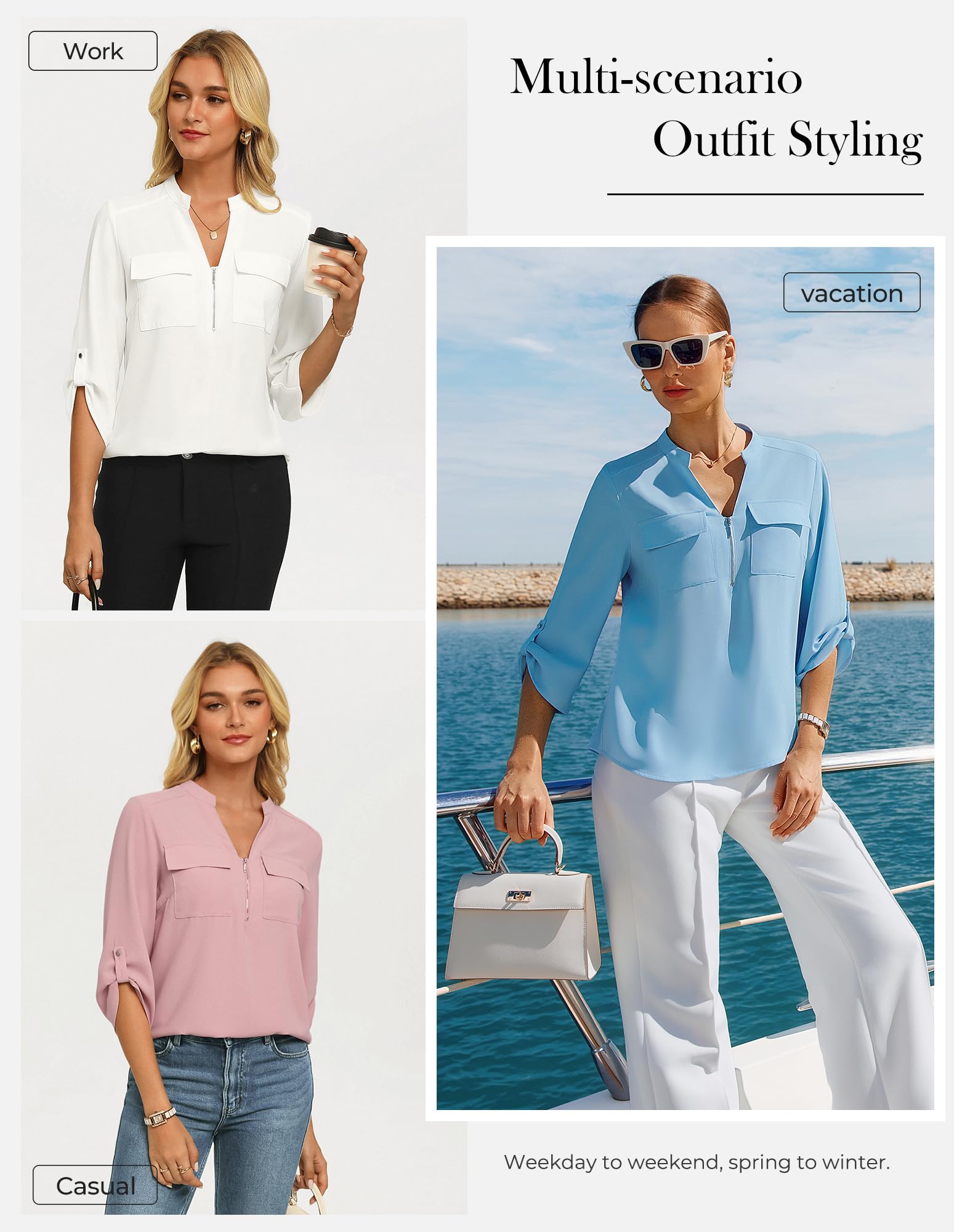 GRACE KARIN Camicetta estiva da donna con maniche a 3/4, scollo a V, vestibilità ampia, casual, con tasche, per lavoro e ufficio