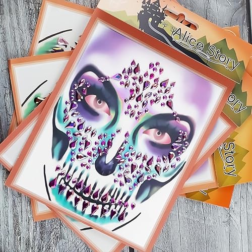 Miniatura 4 de Paquete de 3 calcomanías de diamantes de imitación de calavera de azúcar para maquillaje de Halloween, calcomanías temporales autoadhesivas para el