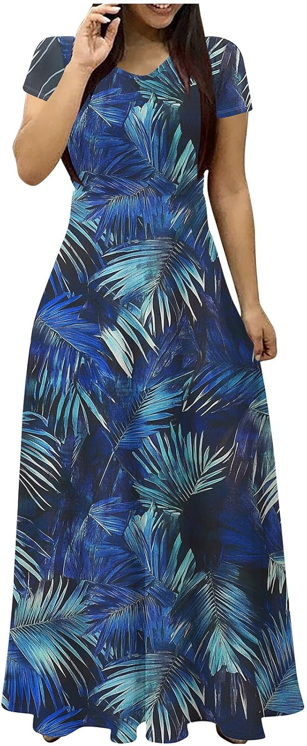 Sundresses for Women Short Sleeve Dressy Elegant Floral Maxi Dress Pleated Summer Flowy V Neck Wedding Guest Dress