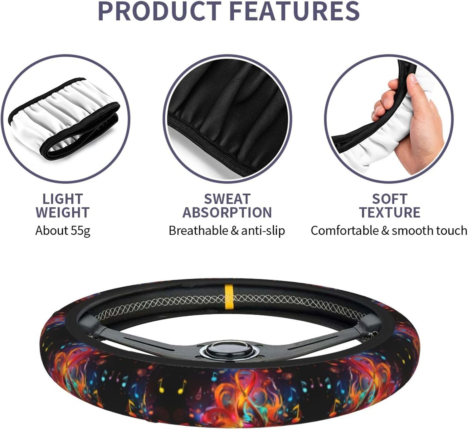 Colorful Music Clef Printed Steering Wheel Cover Elastic Stretch Car Wheel Wrap Breathable Non-Slip Steering Wheel Protector for Car Truck SUV image 5