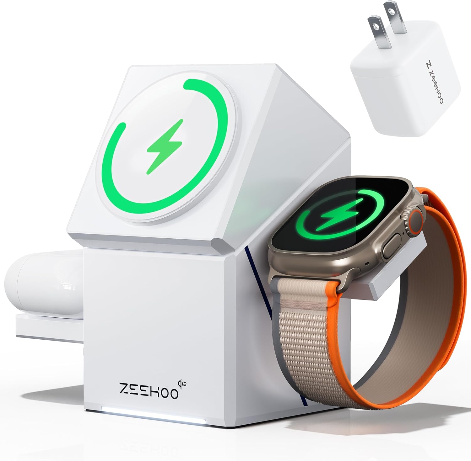 ZEEHOO 3 in 1 Charging Station, for iPhone Charging Station, for Apple MagSafe Charger, Qi2 Certified, 15W Fast Wireless Charger, for Apple Watch, for iPhone 17,16,15,14,13,12 Series, AirPods (White)