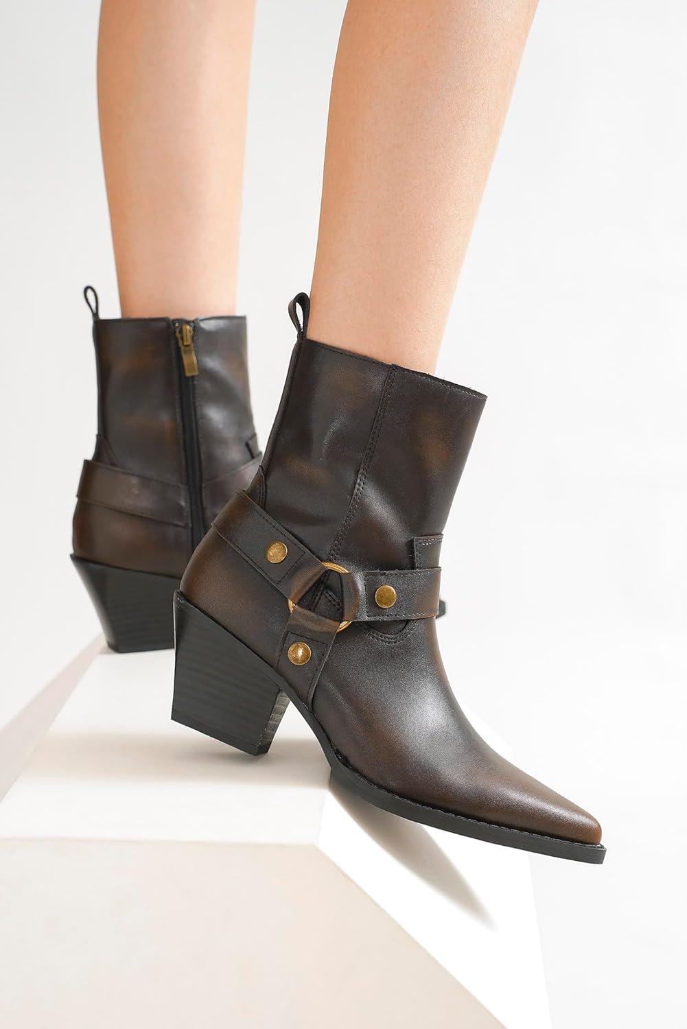 Beast Fashion Women's Western Harness Boots Ankle Boots Vintage, Casual & Versatile, Daily Party Stacked Block Heel Boots Cowgirl Boots Pointed Toe Boots Side Zipper for All Seasons