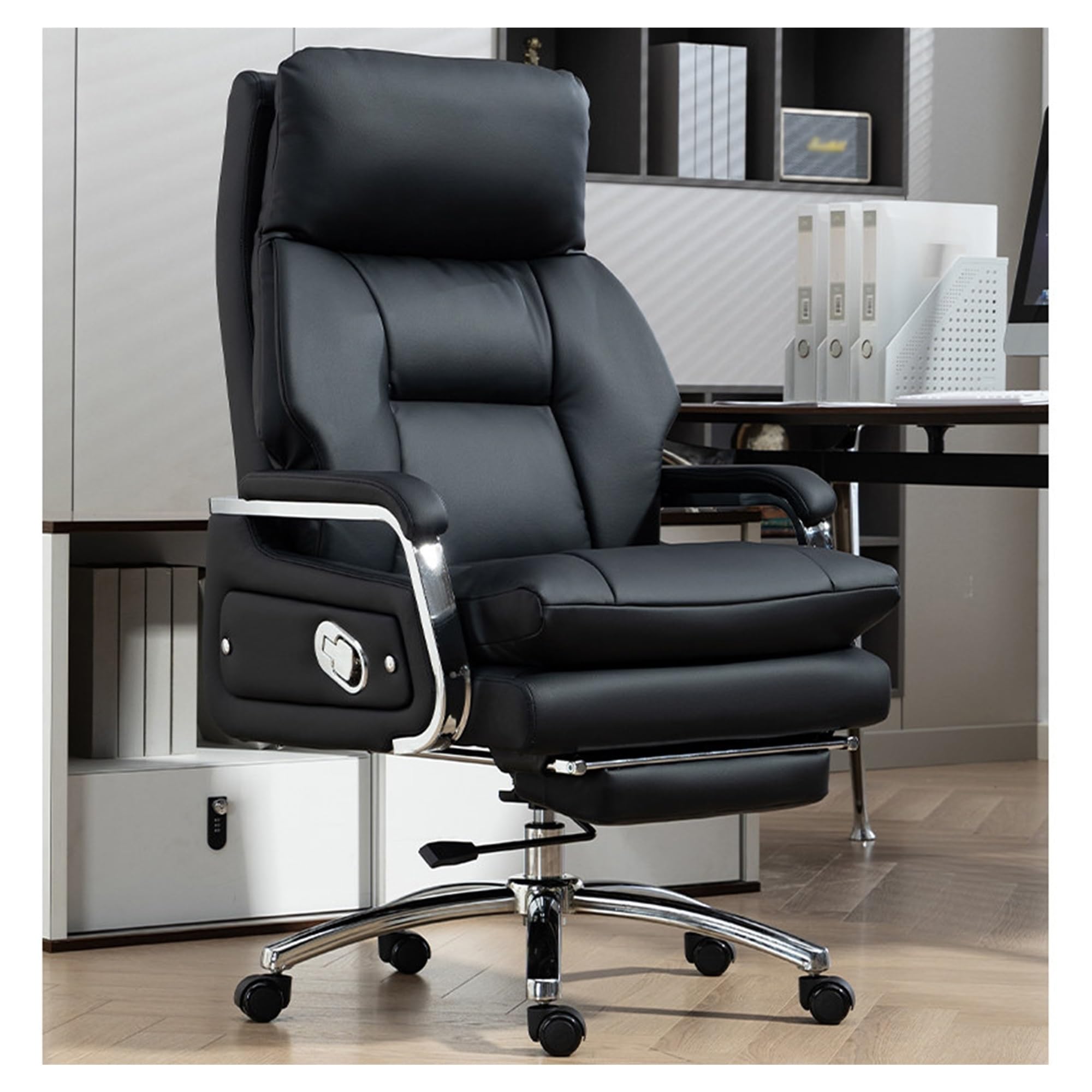 High Back Executive Office Chair, Leather Computer Chair, Ergonomic Desk Chair with Footrest, Heavy Duty Support up to 660LBS, 160° Backrest Tilt and 15° Rocking Function(Black)