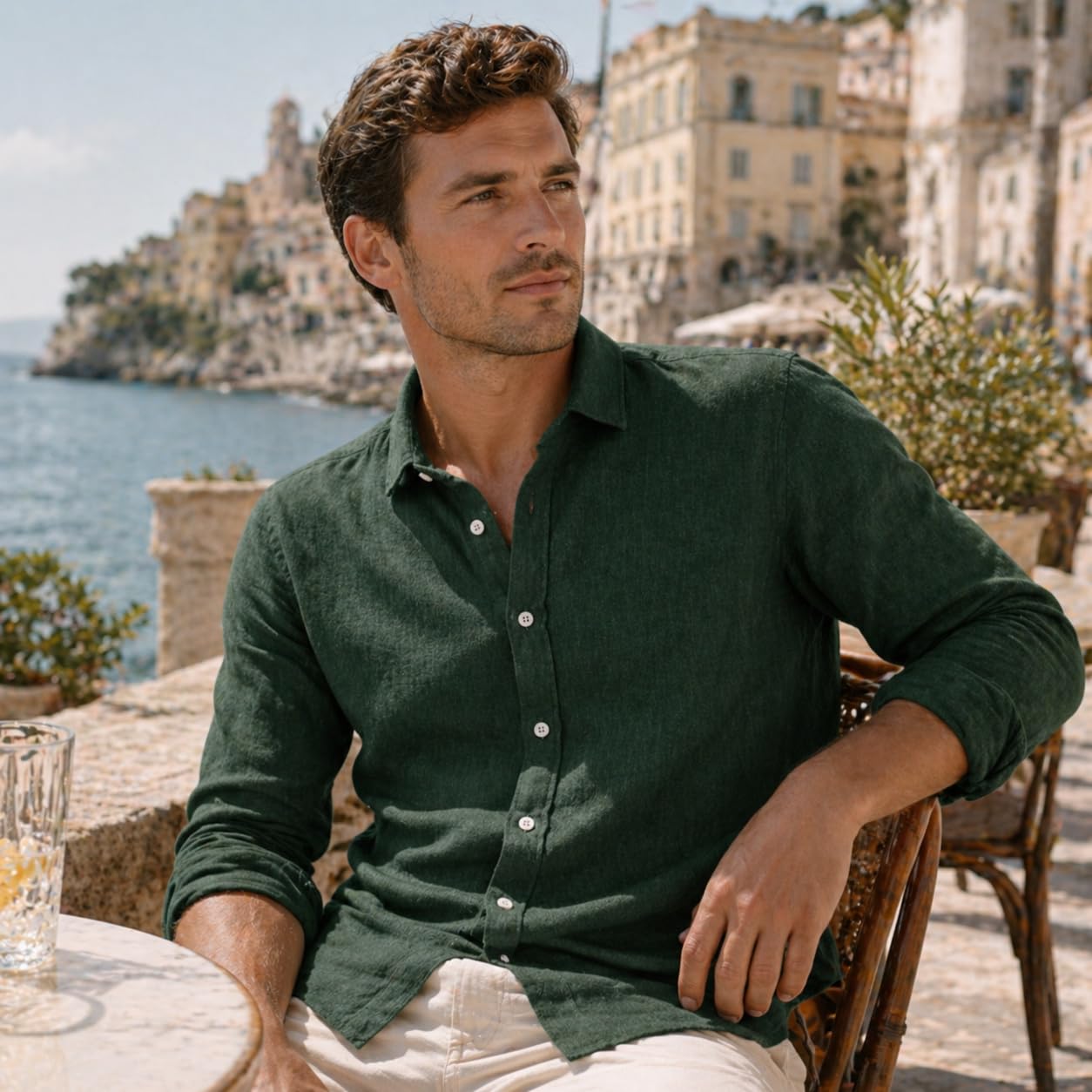 Camicia a Righe da Uomo, 100% Lino, Manica Lunga, vestibilità Regular/Slim, Stile Casual ed Elegante, Traspirante per l’Estate.