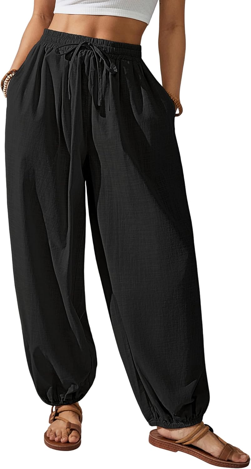 Bsubseach Womens Cotton Harem Pants Elastic Waist Baggy Pant Drawstring Balloon Trouser Loose Beach Pants with Pockets