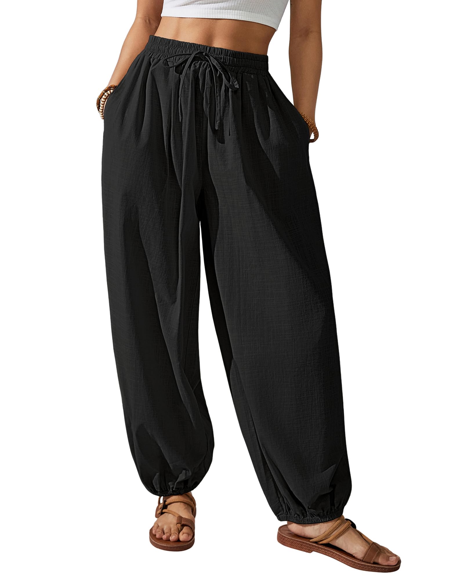 Bsubseach Womens Cotton Harem Pants Elastic Waist Baggy Pant Drawstring Balloon Trouser Loose Beach Pants with Pockets