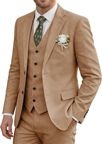 Mens Linen Suit 3 Piece Beach Wedding Groomsmen Summer Prom Lightweight Blazer Vest and Pants Tuxedo Set