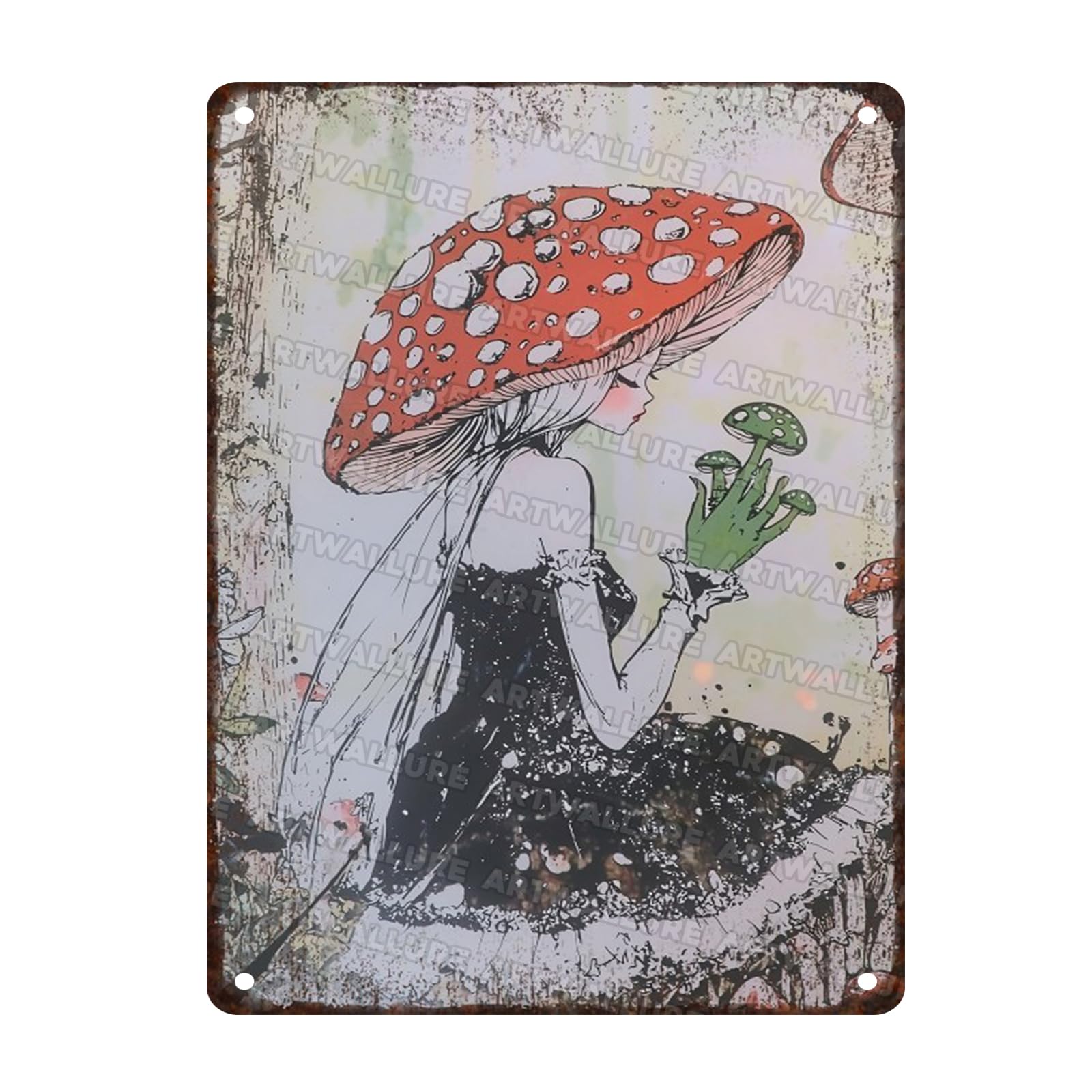 Woman Mushroom Vintage Tin Sign Metal Art Tin for Home Bedrooms Kitchen Bars Pubs Garages Gardens Patios Porches 12x16inch