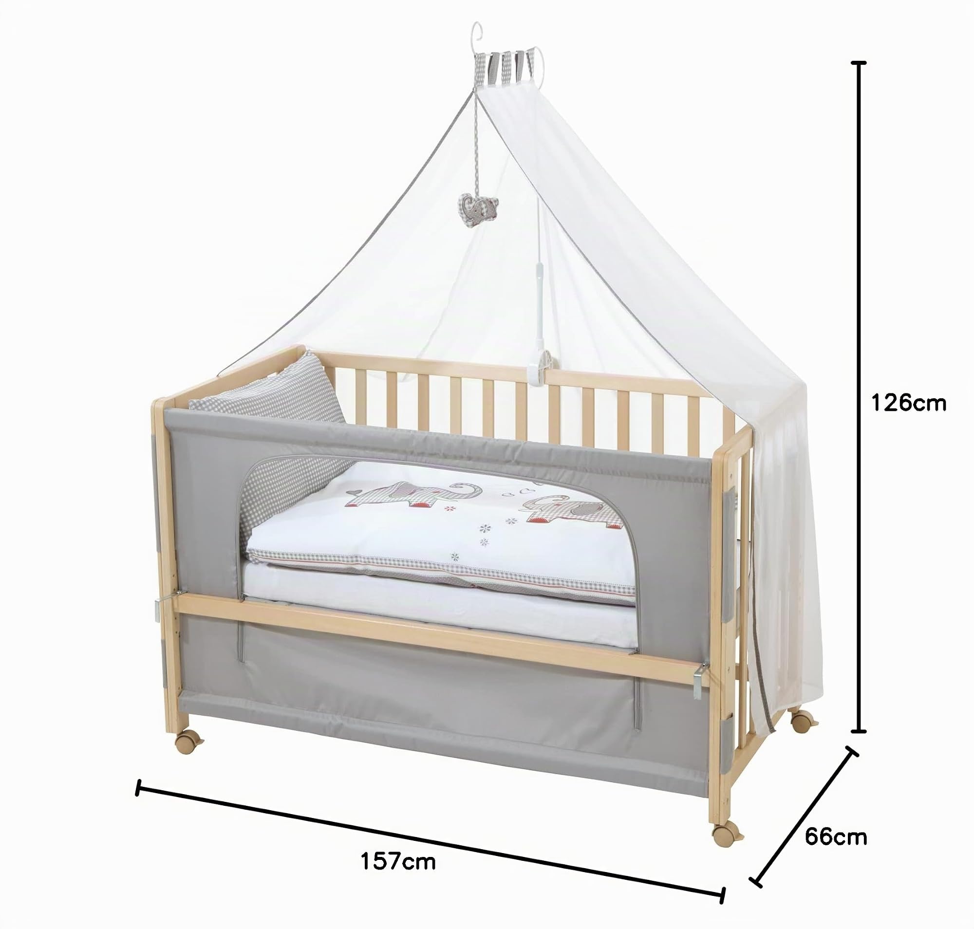 roba Lettino Co-Sleeping Jumbo twins, per Neonati e Bambini, 60 x 120 cm, Biancheria per Lettino Inclusa, si Aggancia al Letto dei Genitori, 6 Altezze Regolabili, Legno Naturale